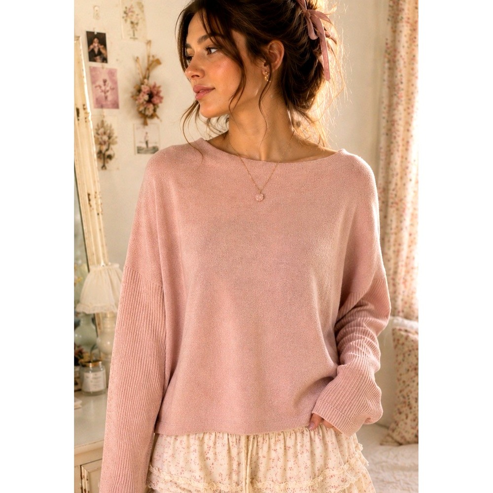 ANGIE Lightweight Long Sleeve Boxy Knit Sweater Size M Pink Soft Girl Feminine